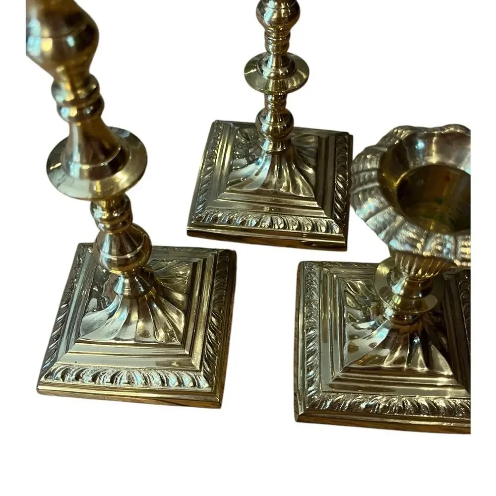 3 Hosley Solid Brass Graduated Candlesticks Lots Of Detail 7.25”, 5.5”, 3.75”
